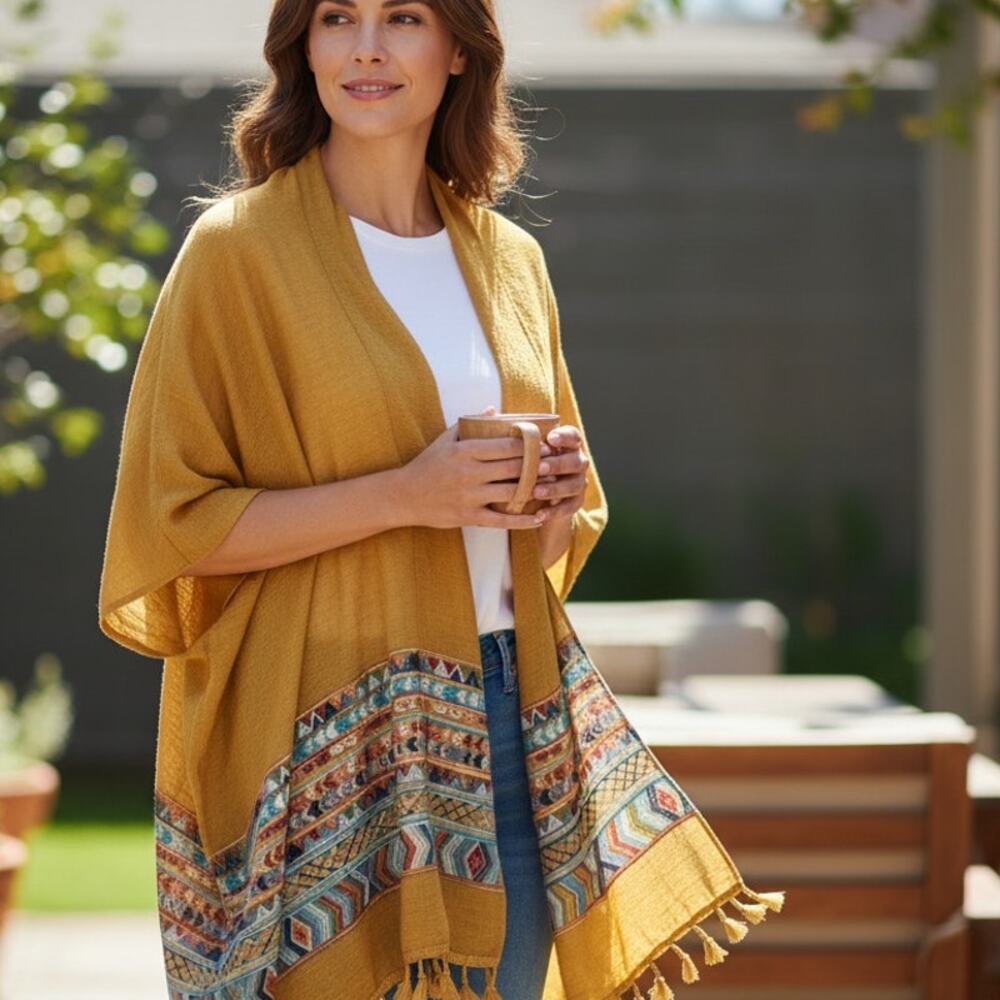 Bohemian Gold Embroidered Wrap Womens One Size Aztec Boho Fringe Coverup - Picture 1 of 7